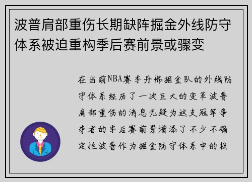 波普肩部重伤长期缺阵掘金外线防守体系被迫重构季后赛前景或骤变